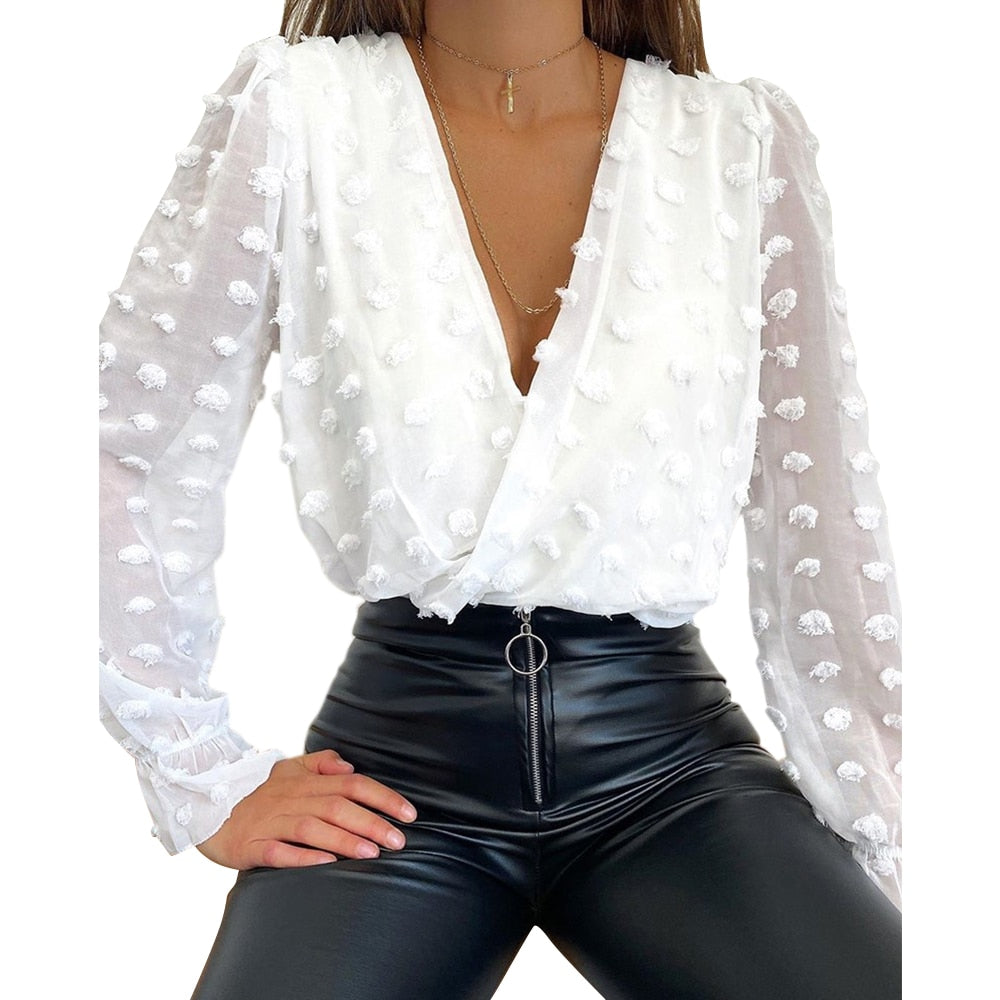 Sale Women Deep V Neck Top White Jacquard Fashion Shirt Female Long Sleeve Chic Shirt Sexy Polka Dot Solid Mesh Blouses D30