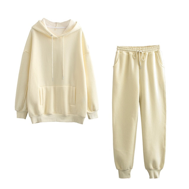 Tangada 2020 Autumn Winter Women tracksuit thick fleece 100% cotton suit 2 pieces sets hoodies sweatshirt and pants suits 6L17