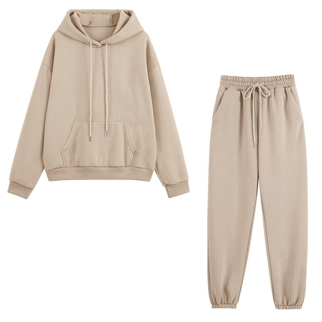 Women Tracksuits Autumn Winter Thick Fleece Warm Solid Suit 2 Pieces Sets Female Casual Long Sleeve Hooded Sweatshirt Outfit