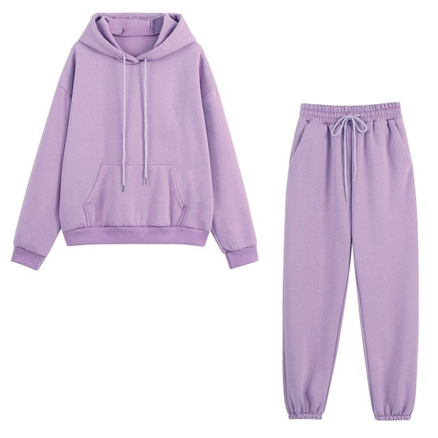 Women Tracksuits Autumn Winter Thick Fleece Warm Solid Suit 2 Pieces Sets Female Casual Long Sleeve Hooded Sweatshirt Outfit
