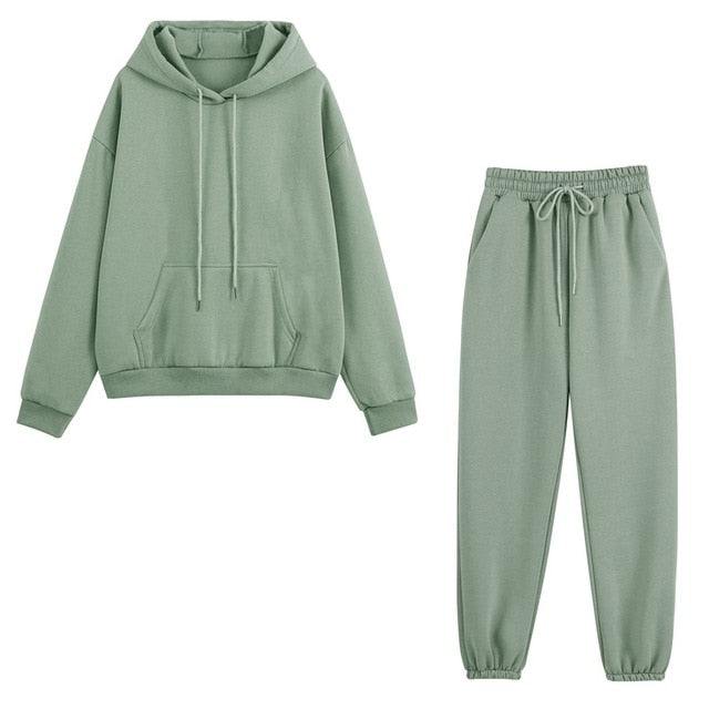 Women Tracksuits Autumn Winter Thick Fleece Warm Solid Suit 2 Pieces Sets Female Casual Long Sleeve Hooded Sweatshirt Outfit