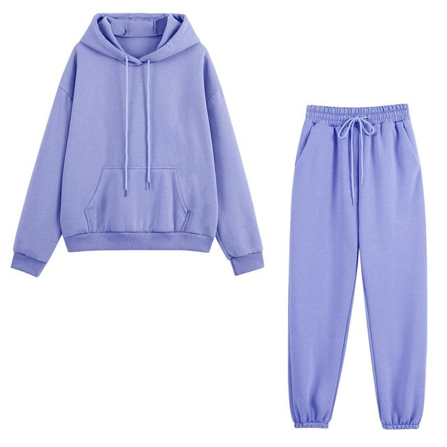 Women Tracksuits Autumn Winter Thick Fleece Warm Solid Suit 2 Pieces Sets Female Casual Long Sleeve Hooded Sweatshirt Outfit