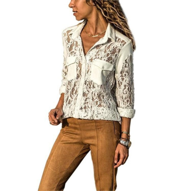 Sale Women Deep V Neck Top White Jacquard Fashion Shirt Female Long Sleeve Chic Shirt Sexy Polka Dot Solid Mesh Blouses D30