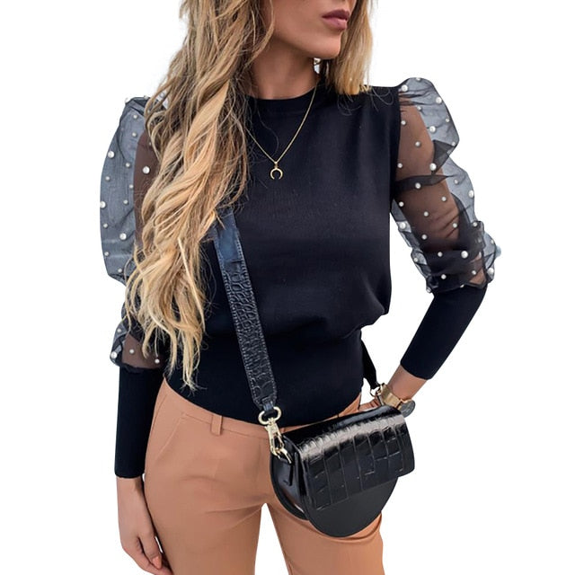 Sale Women Deep V Neck Top White Jacquard Fashion Shirt Female Long Sleeve Chic Shirt Sexy Polka Dot Solid Mesh Blouses D30