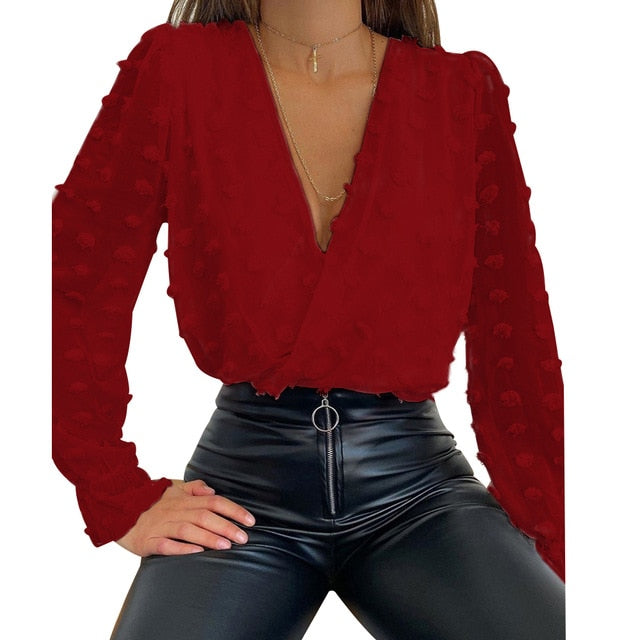 Sale Women Deep V Neck Top White Jacquard Fashion Shirt Female Long Sleeve Chic Shirt Sexy Polka Dot Solid Mesh Blouses D30